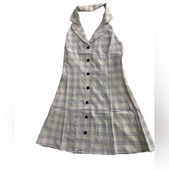 Olivaceous Navy Tan Plaid Halter Dress NWT Size Medium - Picture 1 of 9